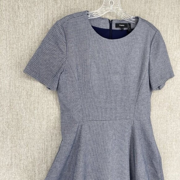 Theory Dress Women Size 8 Blue Albita WR Meterie Fit & Flare Short Sleeve Mini - Picture 7 of 12